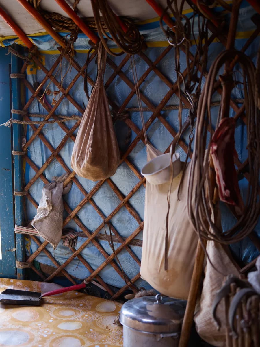 BookNoFees example image: Close-up of the wooden wall lattice and the fabric panels of a yurt