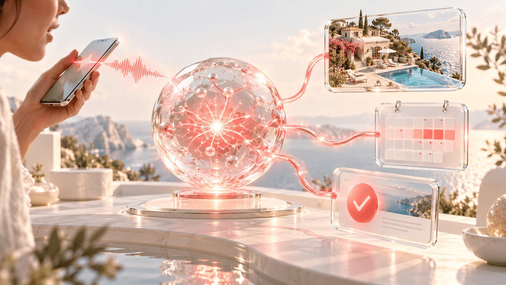 BookNoFees · From your voice instruction to an AI-assisted travel booking. BookNoFees: A voice instruction connects a personal AI agent to a vacation home, a calendar and a booking confirmation.