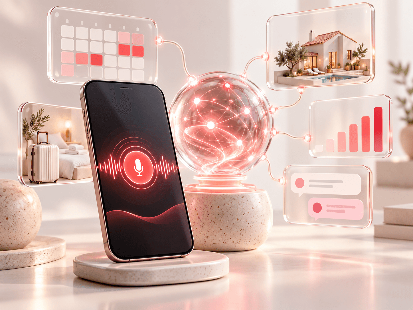 AI-generated concept illustration · Managing your property with a personal assistant. BookNoFees: An AI assistant with voice control, calendar, vacation home and messages illustrates the future of vacation rental management.