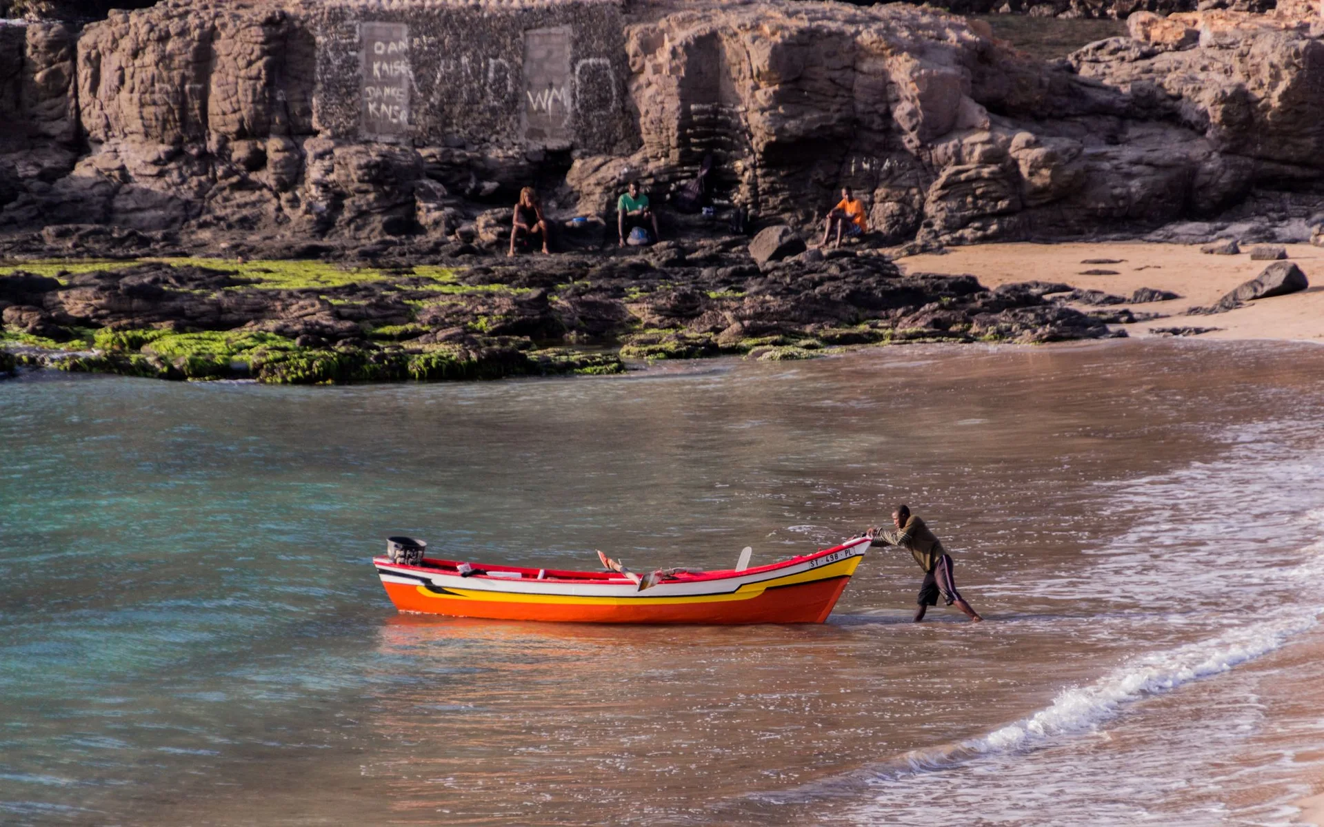 Colorful fishing boat on the beach at Tarrafal in Cape Verde
