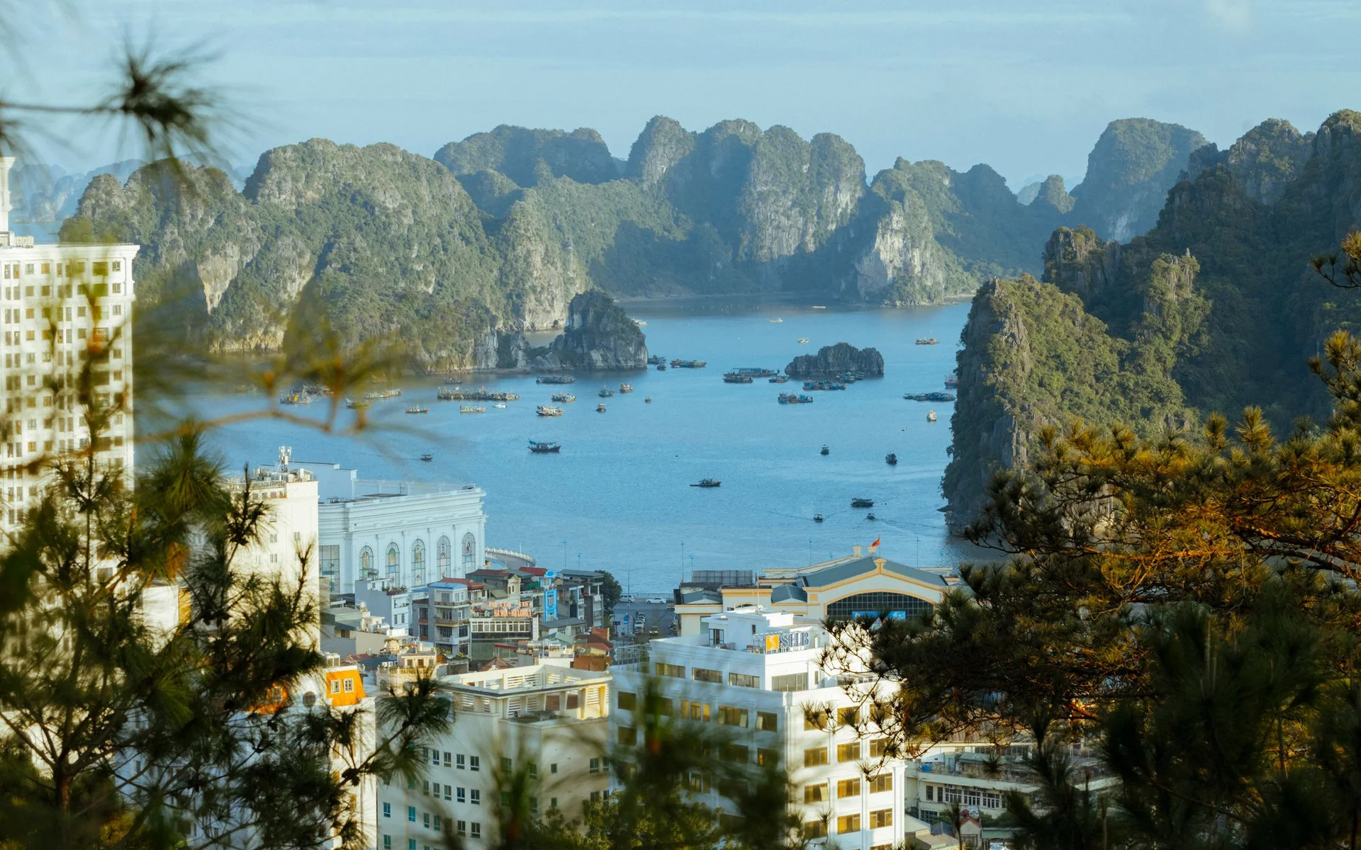 Aerial view of Halong Bay with rock formations