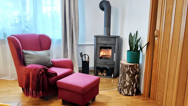 BookNoFees holiday home in Bensheim – Living room with wood-burning stove, pink armchair, and tree-stump side table