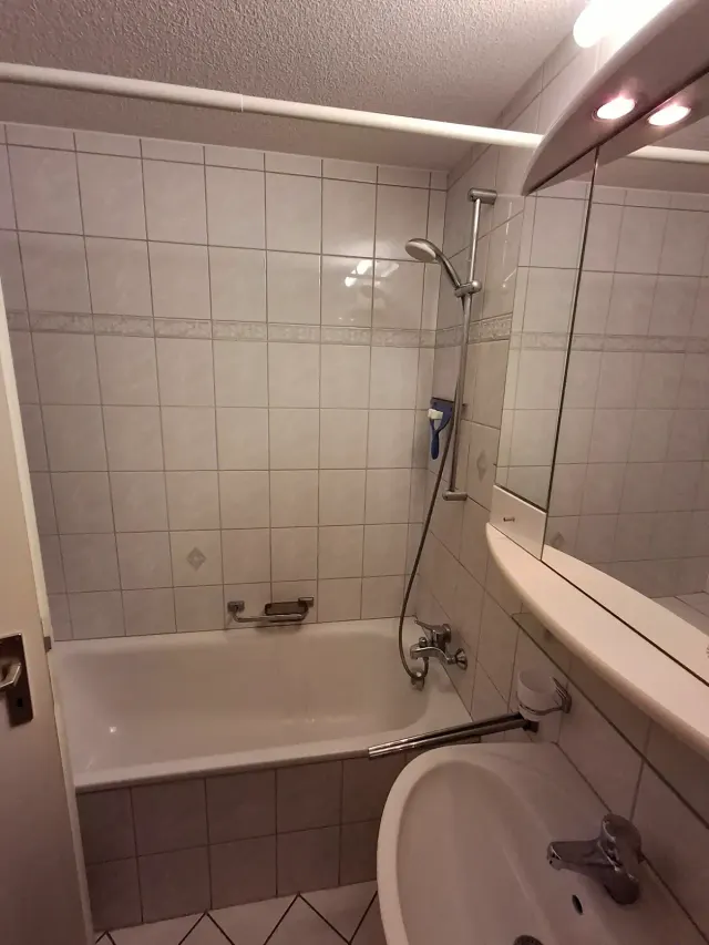 BookNoFees holiday home in Gailingen, Baden-Württemberg, Germany – Bathroom with bathtub, shower, sink, mirror, and tiled walls