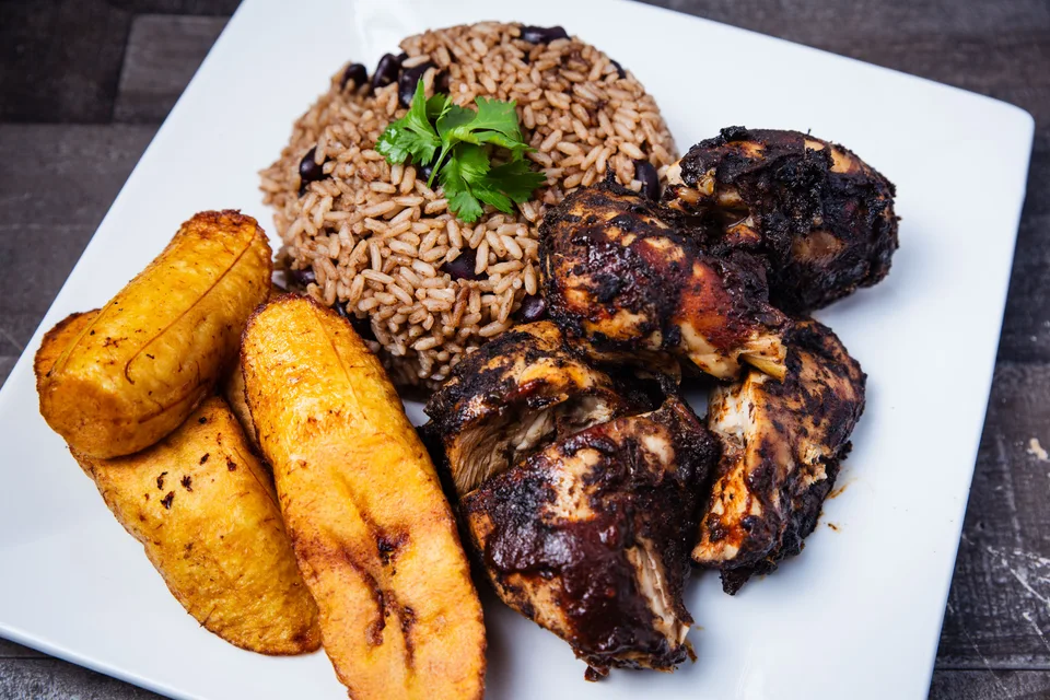 BookNoFees: Example photo: Jerk chicken with rice and fried plantain
