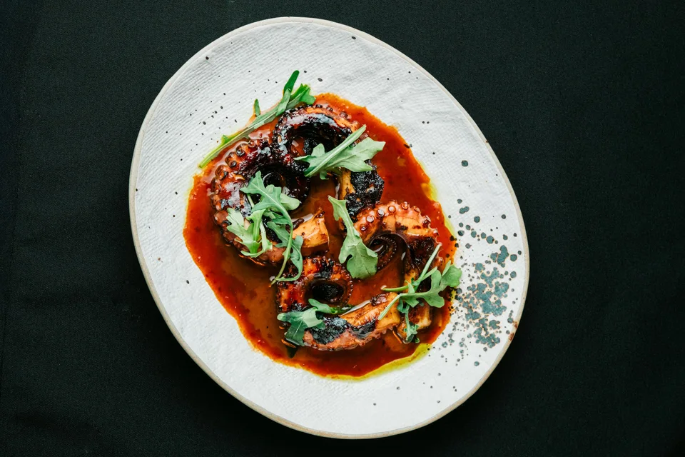 BookNoFees: Example photo: Octopus in tomato sauce with greens